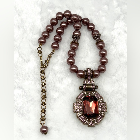 💎 Heidi Daus Dazzling Art Deco Mauve Pearl Pendant Crystal Necklace 17-21” EUC 💎 - Picture 10 of 16